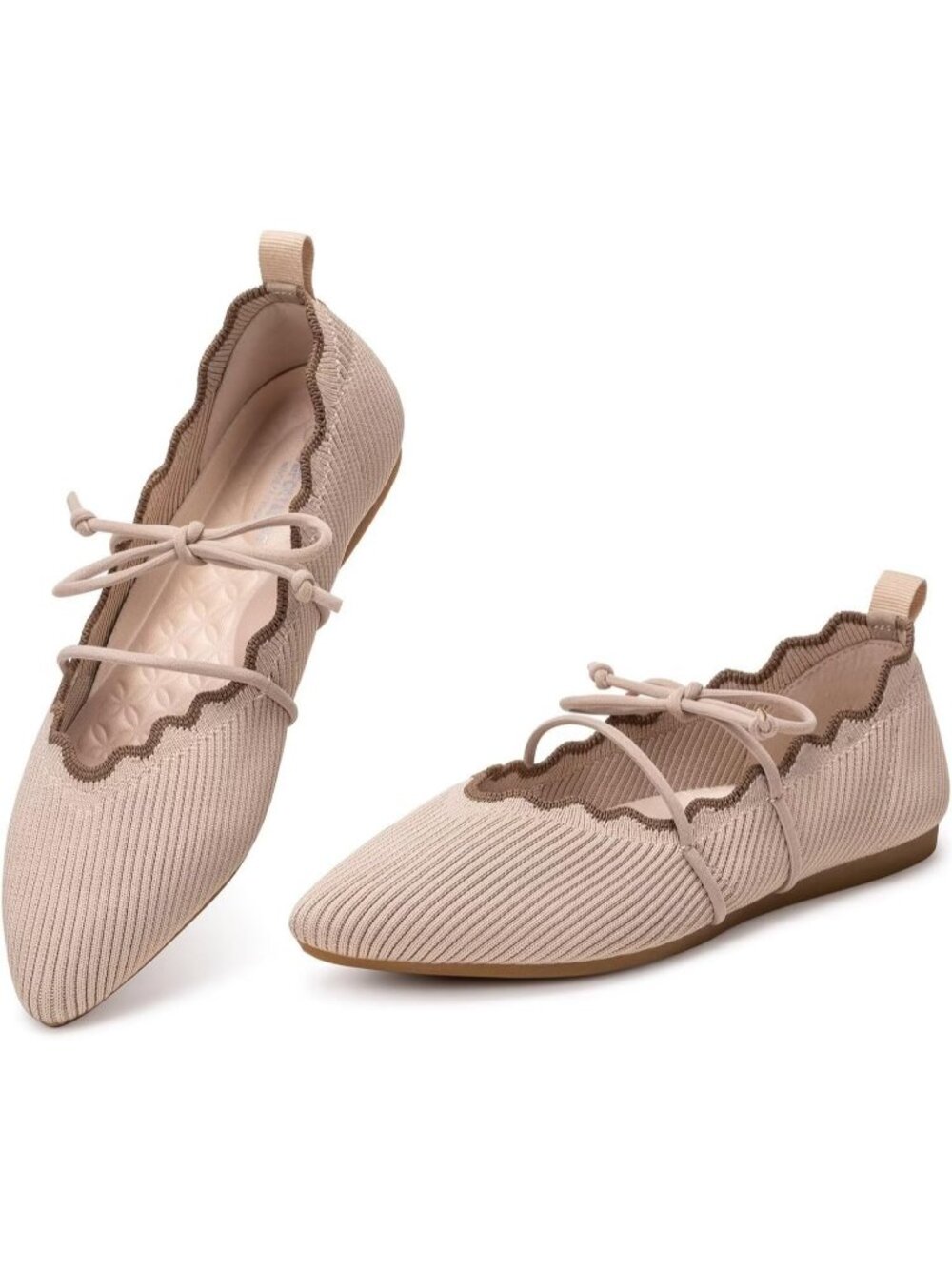 Women's Cream Rubber Knitted Slip On Pointed Toe with Ruffled Vamp Elastic Flats